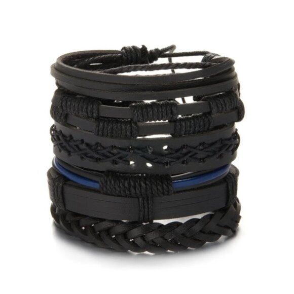 Boutique Other - Men's Genuine Leather Black & Blue Braid Bracelet Set
